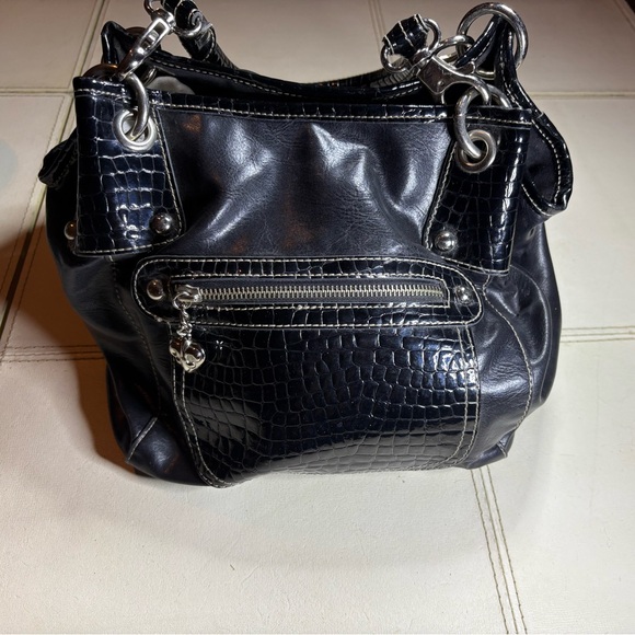 Kathy Van Zeeland Patent Vinyl Faux leather Croc Shoulder Hobo Handbag Purse - Picture 1 of 8